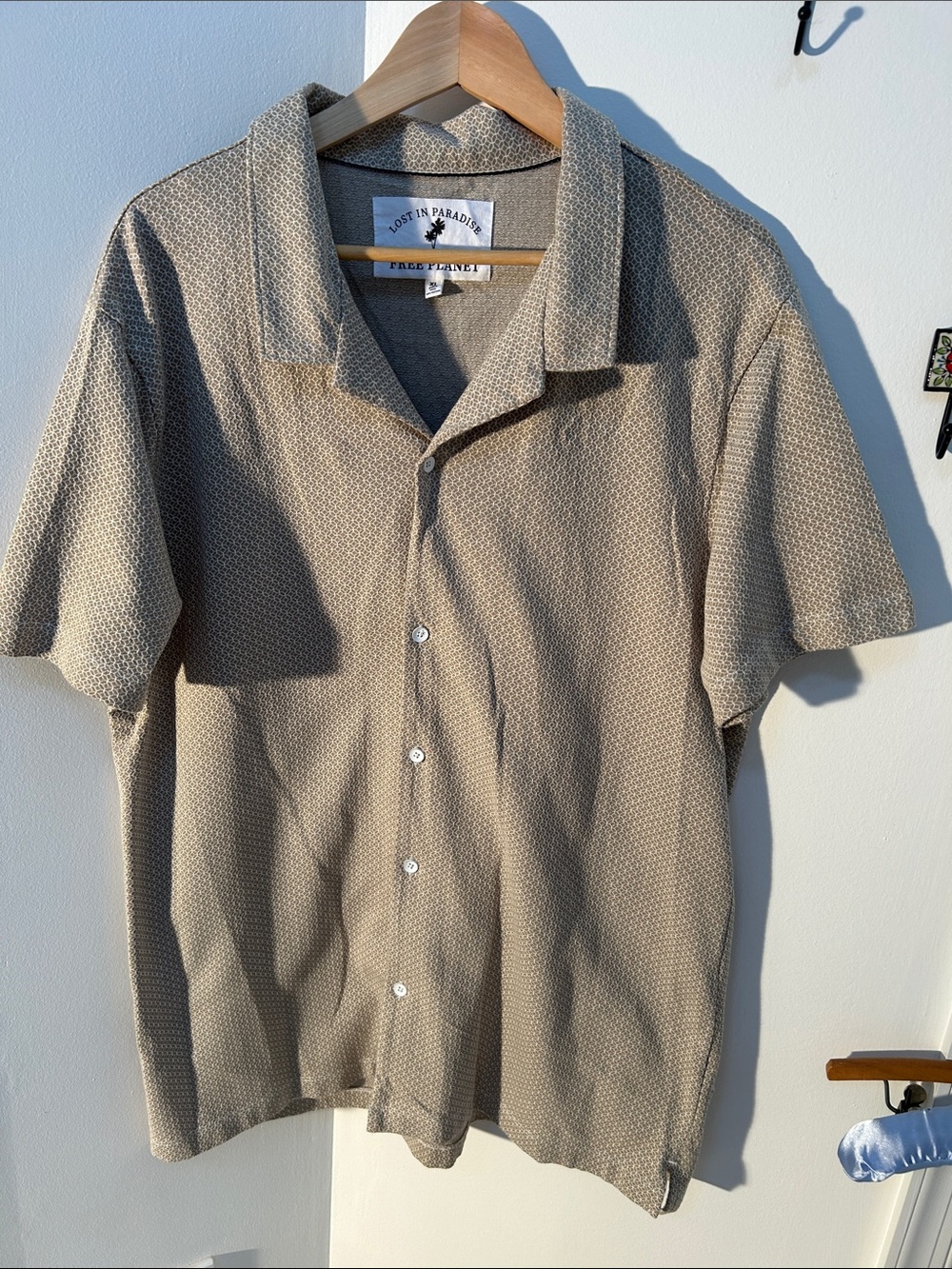 Free Planet Beige Short Sleeve Button-Down Camp Shirt